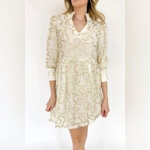 EMILY LOVELOCK Scarlet Silk Mini Dress Ivory Metallic Golden Size Medium